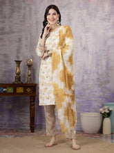 Women's Yellow Tropical Printed Cotton Blend Straight Kurta Pant Dupatta Set-KPDYELLOWSOMI